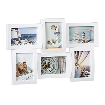 Obrázek Relaxdays Rámeček pro více fotografií, koláž 6 obrázků, fotorámeček v 3D vzhledu, k zavěšení, 33 x 47,5 cm, bílý, bílá