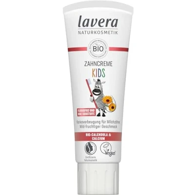 Obrázek lavera Zubní pasta pro děti bez fLUORID barviv chrání mléčné zuby jemně ovocná bio měsíček a vápník Vegan 75 ml