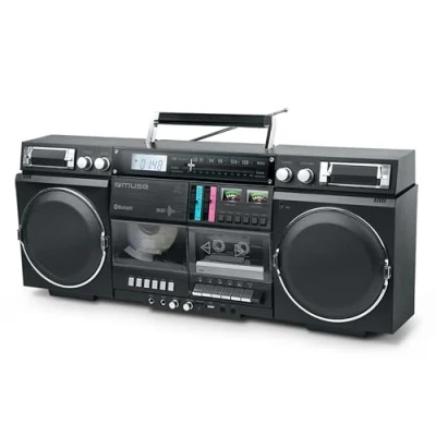 Obrázek Přenosné Bluetooth rádio CD kazetový rekordér Boombox, zařízení pro streamování hudby, FM analogové rádio, USB přípojka, čtečka karet Micro SD, 80W výstupní výkon