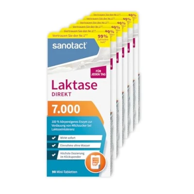 Obrázek sanotact Laktáza 7 000 PŘÍMO (6 x 90 mini tablet laktázy) Tablety laktózy pro každý den Při intoleranci laktózy, nesnášenlivosti a mléka Rychlé užívání bez vody