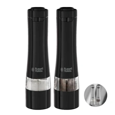 Obrázek Russell Hobbs Salz und Pfeffer Mühle elektrisch [2er Set] Schwarz (Keramikmahlwerk für getrocknete Gewürze &amp; Kräuter, Mahlgrad einstellbar fein bis grob, LED Beleuchtung) Gewürzmühlen 28010 56