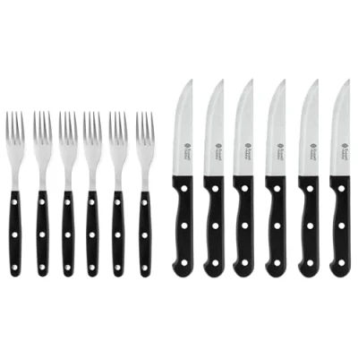 Obrázek Russell Hobbs RH000431EU 12 teiliges steakmesser set mit gabel, steakbesteck 6 personen, Edelstahl, Traditionelle Steakmesser, Steakgabeln, messer und Pizzabesteck