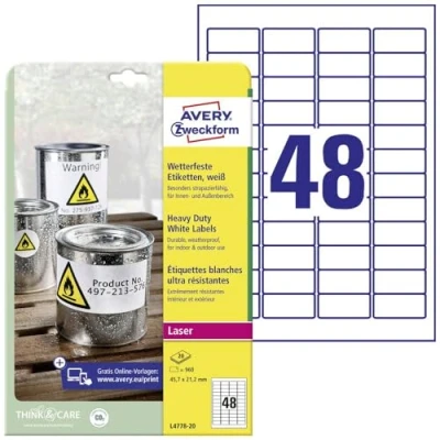 Obrázek AVERY Zweckform L4778 20 fóliové etikety odolné proti povětrnostním vlivům (960 lepicích etiket, 45,7 x 21,2 mm na A4, extrémně silné samolepicí, voděodolné, odolné, potiskovatelná venkovní lepicí