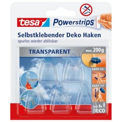 Obrázek TESA Powerstrips dekorační háčky, transparentní, na max.200 g, balení s 5 háčky., čirá normální