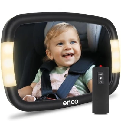 Obrázek Onco LED Baby Rückspiegel Auto 2 Licht Modi für Tag &amp; Nacht, 100% Bruchsicher, Spiegel Rückbank, 360 Kinderspiegel Spiegel, Universelle Erstausstattung Zubehör