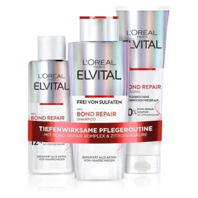 Obrázek L&#039;Oréal Paris Elvital bond Repair pečující sada na opravu vlasů s předšamponem, šamponem a oplachováním, balíkem, ochrana pro méně lámání více lesku, komplexem oprav kyselinou