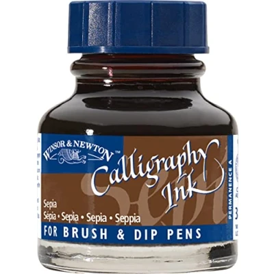 Obrázek Winsor &amp; Newton 1111609 kaligrafické tušení (pro plnicí pero nebo psací pera, vzájemně míchatelné, stálé na světle, barvy) 30ml láhev sépiová