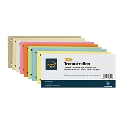Obrázek 200 dělicích proužků v 8 barvách, 25 kusů každé barvě, 24 x 10,5 cm, děrované, 180 g/m² recyklovaný karton, pro třídění dokumentů, možnost potisku