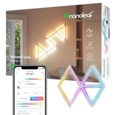 Obrázek Nanoleaf Lines 60stupňová startovací sada, 9 chytrých LED RGBW světelných lišt modulární WLAN 16 milionů barev nástěnné svítidlo uvnitř, hudba a synchronizace obrazovky, funguje s Alexa Google