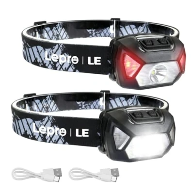 Obrázek Lepro Čelovka LED nabíjecí, 2000 Lux Superhell lampa na hlavu, čelovka s červeným světlem a 6 světelnými režimy, IPX4 vodotěsná čelo, ideální pro kempování jogging, černá, 2 kusy [vč. USB