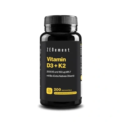Obrázek Vitamín D3 + K2, cholekalciferol (2000 IE) a MK 7 (150 μg), 200 kapslí s bio extra panenským olivovým olejem kosti, svaly imunitní systém laboratorně testováno, 100% přírodní složky Zenement