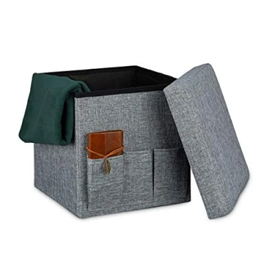 Obrázek Relaxdays Skládací taburet 38 x cm stabilní sedací kostka s 3 bočními kapsami z lněné lavice jako úložný box úložným prostorem a odpojením víka pro obývací pokoj, šedá