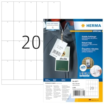 Obrázek HERMA Stabilní přívěsek 6871, perforovaný, 100 listů, 42 x 70 mm, 20 na arch A4, 2000 kusů, potisknutelný, matný, prázdný přívěšek cenu, k výrobku z papíru/fólie/kompozitního papíru, bílý