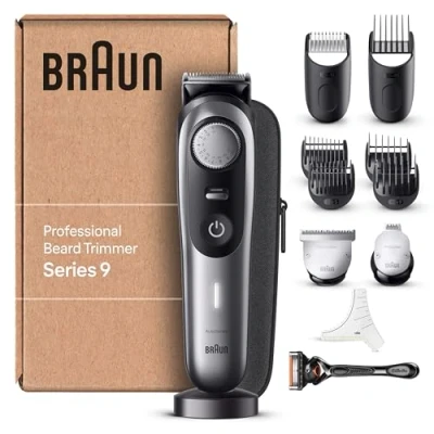 Obrázek Braun Barttrimmer, Bartschneider/Trimmer/Haarschneider Herren, Haarschneidemaschine Profi, 40 Einstellungen, Ladestation, Reiseetui, Bartschablone, 180 Min. kabellose Laufzeit, BT9440