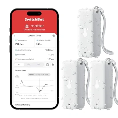 Obrázek SwitchBot IP65 Teploměr, vlhkoměr, vnitřní, vnější, 3 ks, dosah 120 m Bluetooth, rosný bod / VPD/absolutní čidlo vlhkosti, teplotní senzor, bezplatné ukládání dat, životnost baterie 2 roky