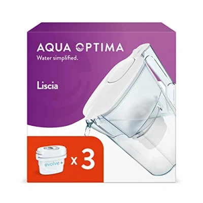 Obrázek Aqua Optima Liscia Wasserfilterkanne &amp; 3 x 30 Day Evolve+ Wasserfilterkartuschen, 2, 5 Liter Fassungsvermögen, zur Reduzierung von Mikroplastik, Chlor, Kalk und Verunreinigungen, weiß, One Size