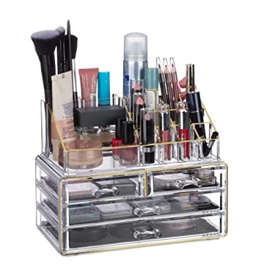 Obrázek Relaxdays Organizér na make up akryl, 2dílný úložný prostor líčení s držákem rtěnky a 4 zásuvkami, transparentní/zlatý