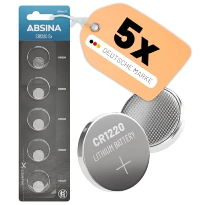 Obrázek ABSINA CR1220 knoflíková baterie 3V Lithium balení 5 ks CR 1220 zabezpečená proti vytečení &amp; dlouhá životnost 3 V na klíče od auta, hodinky UVM 1220, lithiové