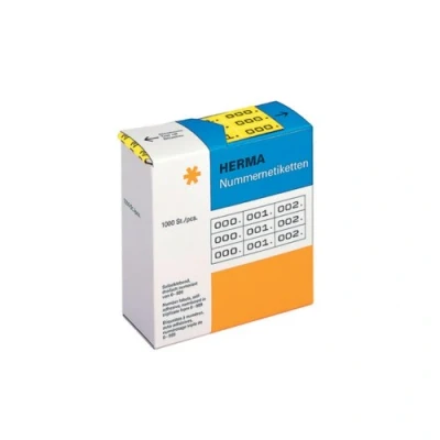 Obrázek HERMA 4801 Číselné štítky číslice 0 999, trojnásobné, 3000 kusů, 22 x 10 mm, samolepicí, matné, 3krát průběžné papírové číselné štítky, čísla příloh v zásobníku, žluté