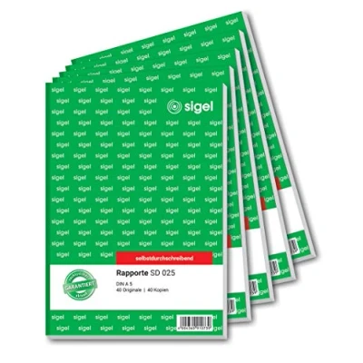 Obrázek SIGEL SD025/5 Rapport A5, 2 x 40 listů, samopropisující, balení po 5, mikroperforované, se sešívacím otvorem, z udržitelného papíru
