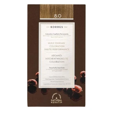 Obrázek KORRES Argan Oil Colorant barva na vlasy bez amoniaku Světlá blond 8. 0 100% zakrytí šedých vlasů a veganská pro dlouhotrvající výsledek