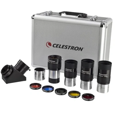 Obrázek Celestron 94305 2 Zoll Okular und Filterset, 12 Stück Mit Zenitspiegel, Zenit Adaptor, 3 x E lux Okulare, Barlow Linse, 5 Farbfilter Aluminium Koffer, Silber