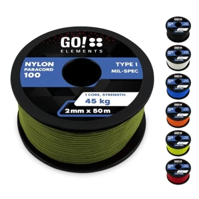 Obrázek GO!elements 50 m Paracord 2 mm lano z nylonové šňůry odolné proti roztržení 100 typ I Survival šňůra odolná do 45 kg vhodné jako univerzální lano, šňůra, šňůrka,