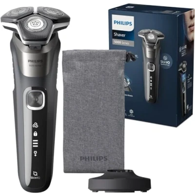 Obrázek Philips Shaver Series 5000 Elektrischer Nass &amp; Trockenrasierer in Carbongrau mit 1 integrierten ausklappbaren Trimmer, weicher Tasche, Schutzkappe Ladestation (Modell S5887/13)