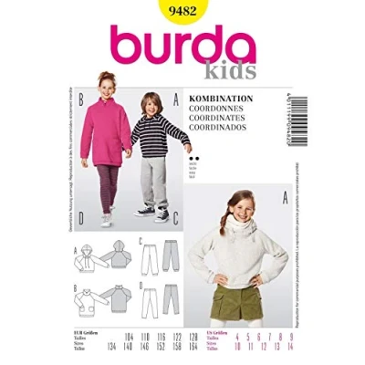 Obrázek Burda 9482 střih s kapucí tričko košilové šaty jogging kalhoty legíny (Kids, vel. 104 164) Level 2 lehké