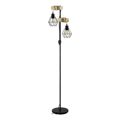 Obrázek EGLO stojací lampa Townshend 5, 2 plamenná vintage v průmyslovém designu, retro svítidlo z oceli a dřeva, barva černá, hnědá, objímka E27, certifikováno FSC, vč. spínače