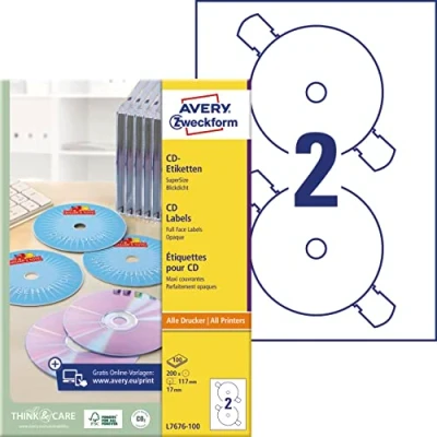 Obrázek AVERY Zweckform L7676 100 samolepicí CD etikety (200 neprůhledné nálepky, Ø 117 mm na A4, SuperSize, papír matný, potištěné lepicí pro všechny tiskárny A4) listů, bílé