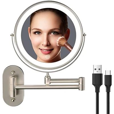 Obrázek USB Wiederaufladbarer Schminkspiegel mit Licht, Doppelseitiger 1X/10X Vergrößerung, Badezimmer Schminkspiegel, 3 Farben, Touchscreen, dimmbar, erweiterter Arm
