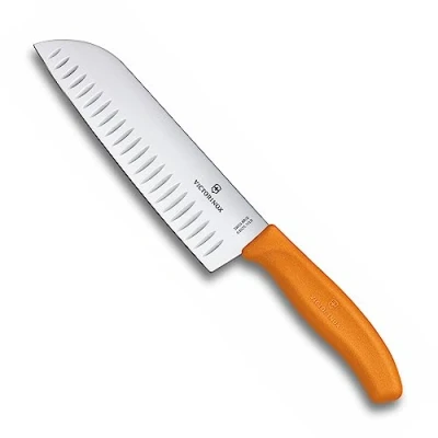 Obrázek Victorinox Swiss Classic, Profi nůž Santoku, extra ostrá čepel, kulový brus, 17 cm, plastová rukojeť, nerezová ocel, oranžový
