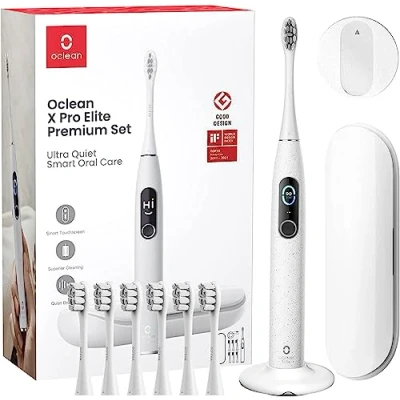 Obrázek Oclean X Pro Elite Elektrische Zahnbürste mit 6 Bürstenköpfe &amp; Reiseetui, Schallzahnbürste Farbdisplay, Ultraleise Putzerfahrung, 35 Tage Akkulaufzeit, Timer, Drucksensor APP, Grau