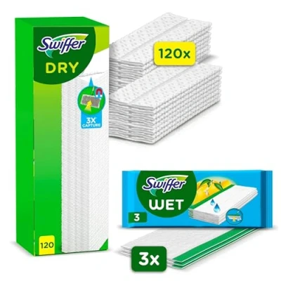Obrázek Swiffer mop na podlahu se 120 suchými a 3 vlhkými hadříky podlahu, absorbuje 3x více prachu, špíny vlasů než běžný smeták nebo