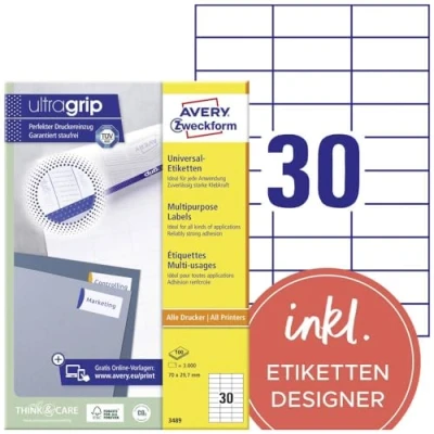 Obrázek AVERY Zweckform 3489 univerzální etikety (3 000 lepicích štítků, 70 x 29,7 mm na A4, papír matný, lze individuálně potisknout, samolepicí nálepky s ultragripem) 100 listů, bílé