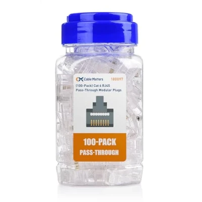 Obrázek Cable Matters 100er Pack Cat 6 RJ45 Stecker Passthrough (Pass Through RJ45, LAN Stecker, Cat6 Netzwerk stecker,) für Volldraht oder verseilte UTP Kabel