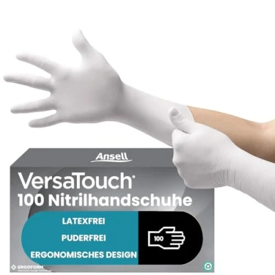Obrázek Ansell VersaTouch 92 205 jednorázové rukavice bez latexu, potravinářské pudru, rukavice, bílé, ochranné proti chemikáliím, nitrilové M (100 kusů)