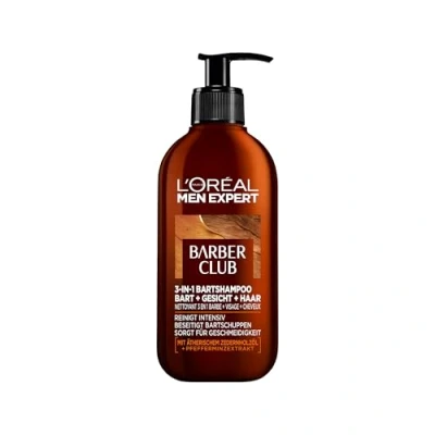 Obrázek L&#039;Oréal Men Expert 3 v 1 šampon na vousy pro muže, mýdlo vousy, obličej a vlasy, pánská péče o proti lupům s dřevěnou vůní éterickým olejem z cedrového dřeva, Barber Club, x 200
