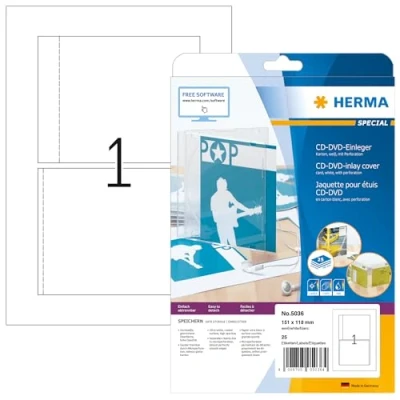 Obrázek HERMA 5036 CD DVD vložené vložky pro Jewel Case pouzdra perforované, 25 listů, 151 x 118 mm, 1 na arch A4, kusů, potisknutelné, matné, prázdné papírové vložky, bílé