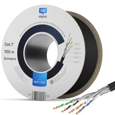Obrázek HB DIGITAL 100 m Cat 7 instalační kabel venkovní černý AWG23/1 PE S/FTP dvojitě stíněný PIMF čistá měď 1000 MHz 10 Gbit/s síť instalace Ethernet Pokládka potrubí a zeminy datový pro