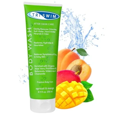 Obrázek TRISWIM sprchový gel Odstranění chlóru po plavání, hydratační mytí těla proti chlóru, pro plavce, sportovní meruňková mango, 250 ml