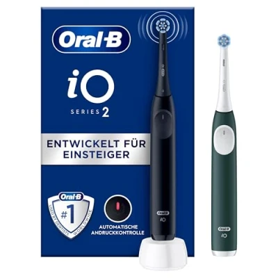 Obrázek Oral B iO Series 2 elektrický zubní kartáček, Duo Pack vč. druhé rukojeti, 3 režimy čištění pro péči o zuby, magnetická technologie, Designed by Braun, Night Black, Forest Green