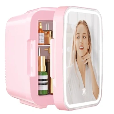Obrázek YASHE Mini lednička pro ložnici, Skincare s LED zrcadlem, malá chladnička, 4 l, přenosná, termoelektrická, topení a chladič, 220 V AC/12 DC, do auta, kanceláře, ložnice (růžová)