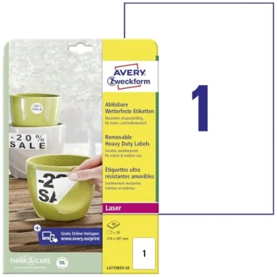 Obrázek AVERY Zweckform L4775REV 20 Fóliové etikety odolné proti povětrnostním vlivům (20 nálepek, 210 x 297 mm na A4, samolepicí, voděodolné, znovu odstranitelné, odolné, potištěná venkovní lepicí fólie)