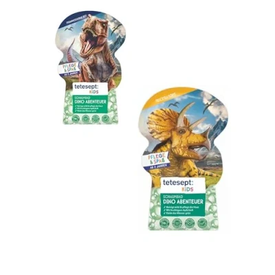 Obrázek tetesept dětská pěnová koupel dinosaurus dobrodružství s ovocnou vůní jablka a výživnou aloe vera dinostarker T Rex World zábava při koupání pěnou do koupele zelenou vodou 1x 40 ml
