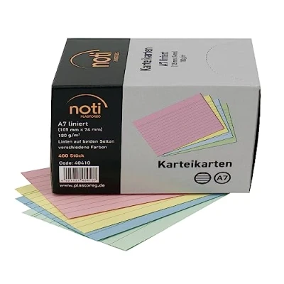Obrázek Kartotéční lístky A7, 105 x 74 mm linkované, barevně tříděné, 400 kusů v praktickém zásobním boxu, pro slovní zásobu, jako kartičky s učebními kartami, moderátory, kancelář a škola 180 g/m²