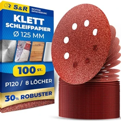 Obrázek S&amp;R Sada brusného papíru se suchým zipem 125 mm, mistr, 8 otvorů, 100 ks zrnitostí P120, brusné kotouče, kotouče pro excentrické brusky, brusný papír zipem, spolehlivá přilnavost