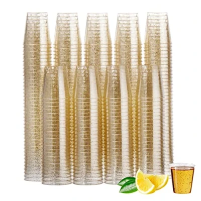 Obrázek MATANA 300 plastových sklenic na pálenky, plastové sklenice, zlaté třpytky 3cl stabilní &amp; opakovaně použitelné kelímky skleničky palačinky, fotografické