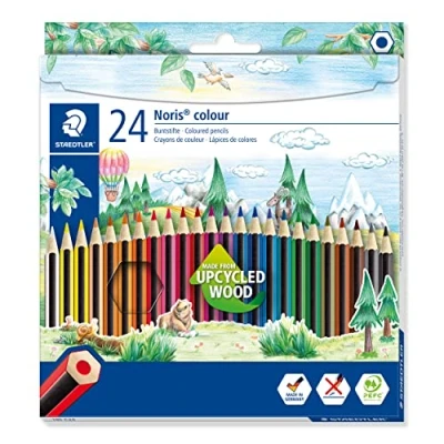 Obrázek STAEDTLER Pastelky Noris colour, protiskluzový měkký povrch, vysoká odolnost proti zlomení, Made from Upcycled Wood, intenzivní barvy, šestihranný formát, 24 barevných tužek v kartonovém pouzdře, 185